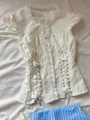 LIZAKOSHT - Casual Sweet White Slim Lace T-Shirts Designer Patchwork Hot Girl O-neck Sleeveless Tees Women Vintage Kawaii Fashion Shirt