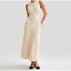 LIZAKOSHT - Summer Lady Knitted Single Breasted Long Dresses Women Solid Sleeveless O Neck Button Bodycon Party Female Vestidos