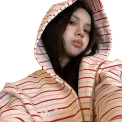 LIZAKOSHT - Korean Style Striped Sweater Jacket Hooded Cardigan Zipper Pocket Zipper New Loose And Versatile Long-Sleeved Sweet