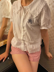 LIZAKOSHT - New Cat With Bow Embroidery Tshirt Woman Lace Trim Turn Down Collar Single Brested Shirts White Cotton Cute Puff Sleeve Tee Tops