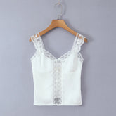 LIZAKOSHT - New Fashion White Satin Spliced Lace Strap Camis Women Summer Front See Through Open Buttons Tank Tops V neck Crop Top Holiday