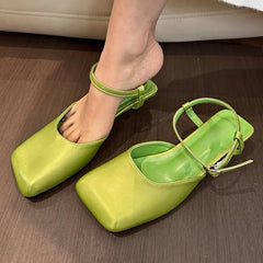 LIZAKOSHT - Satin Designer Sandals Women Square Toe Low Heel Slingback Sandals Ladies Shallow Classy Fashions Luxury Party Dress Shoes Women