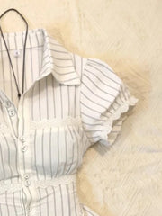 LIZAKOSHT - Harajuku Fashion Lace Trim Design Shirt Korean Style Sweet Color-Block Striped Short Sleeve Shirt Women Waist-Slimming Tops