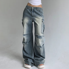 LIZAKOSHT - American Style Pleated Washed Parachute Jeans Women's High Waisted Loose Wide Leg Large Pocket Workwear Pants