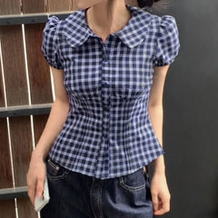 LIZAKOSHT - Retro Blue Checkered Short Sleeved Waist Up Shirt for Women with Bubble Sleeves and A Lapel Top