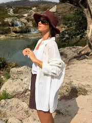 LIZAKOSHT - Chicheca White Striped Blusas Para Mujer Spring Summer Casual Women Shirt Single Breasted Long Sleeve Loose Shirts Blouses