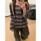 LIZAKOSHT - Loose Long Sleeve round Neck Striped T-Shirt Women's Spring Autumn New Design Casual American Base Shirt Top Comfortable