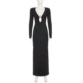 LIZAKOSHT - Women Sexy Metal Buckle Hollow Out Boydcon Maxi Dress Deep V Neck Full Sleeve Wrap Hips Split Party Long Robe Birthday Outfits