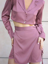 LIZAKOSHT - Satin Fashion 2 Piece-Set Mini Skirt For Women V-Neck Long Sleeve Cropped Top Outwear And Short Skirt Women's Sets Summer