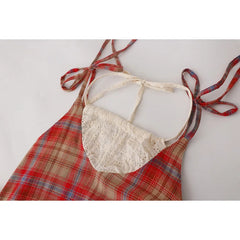 LIZAKOSHT  -  Original Pastoral Style Vintage Dress Embroidery Lace Splice Lace Up Fake 2pcs Slip Skirt Women Dress Plaid Long Spliced Robe