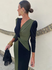 LIZAKOSHT - Patchwork Long Sleeve Slit Women Maxi Dress Green Deep V-neck Ruched Autumn Winter Skinny Elegant Party Evening Dress