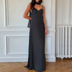 LIZAKOSHT - Temperament Vintage Polka Dot Print V-neck Open Back Sleeveless Long Dress With Ribbon Women's Vacation Party Vestidos