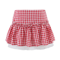 LIZAKOSHT - Sexy Red Plaid Spliced Lace Bow Ruched Chest Tank Top + High Waist Wood ears Mesh Lining Swing Cake Mini Skirt Suits 2pcs 1 Set