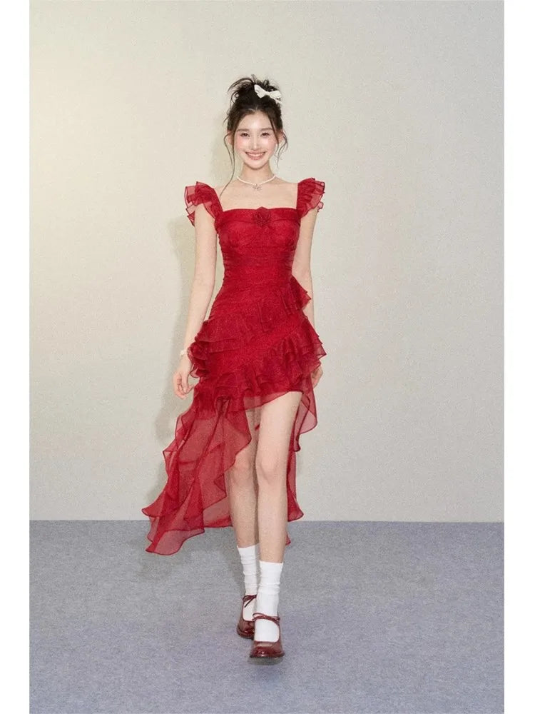 LIZAKOSHT  -  Vintage Sexy Ruffles Summer Dress for Women 2024 Elegant Fairy Dress Club Evening Party Dress Slash Neck Split Red Long Vestidos