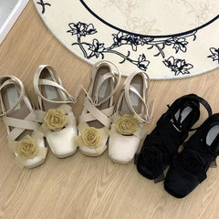 LIZAKOSHT - New Fashion Flower Square Toe Shallow Shoes Women Buckle Vintage Suede 2024 Autumn Women's Party Comfort Ballerinas Shoes