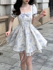 LIZAKOSHT - Summer Floral Elegant Mini Dress Women Square Collar Office Lady Dress Party Style Casual One Piece Dress Korean Fashion