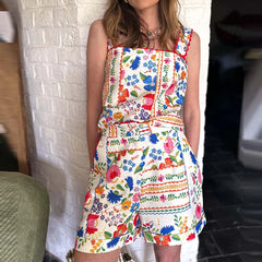 LIZAKOSHT - Chic Pattern Print Shorts Outfit Fashion New Suspender Square Collar Blouse&Pocket Pants Suit Casual Loose Vacation 2 Piece Set