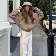 LIZAKOSHT - Retro Hooded Jacket Women Casual Loose Loose Zipper Coat Autumn Winter New Fashion Vintage Hoodies Simple Sweatshirt Female