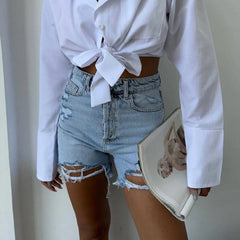 LIZAKOSHT - Irregular Broken Burr Edges Design Slim Fitting Denim Shorts for Women's Summer New High Waisted Chic Versatile Hot Pants