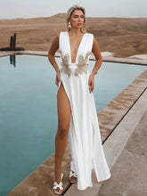 LIZAKOSHT - Deep V Print Long Dress For Women Sleeveless Side Split Waist Cinching Robes 2025 Summer Elegant Female Evening Party Dresses