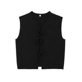 LIZAKOSHT - Casual Knit Lace Up Vests Women Loose Hollow Out Sleeveless O-neck Sweater Top Autumn New Lady Solid Cardigans Streetwear