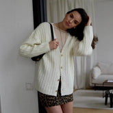 LIZAKOSHT - Furry Knitted Sweater Women Single Breasted Casual Solid V-neck Long Sleeve Loose Cardigans Autumn Soft Lady Tops Sweaters