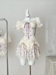 LIZAKOSHT - Summer Women Y2k Kpop Vacation Korean Shoujo 2000s Lolita Outfits 2 Piece Set Short Sleeve Crop Tops + Gyaru Coquette Mini Skirt