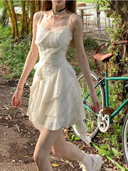 LIZAKOSHT - Korean Elegant Pure Color Strap Y2k Mini Dress Woman Sleeveless Irregular Party Vestidos Summer Fashion One Piece Short Dress