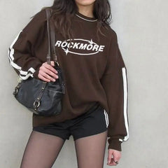 LIZAKOSHT - Pullover Sweatshirt Side Stripe Letter Print Round Neck Women'S Casual Long-Sleeved Street Pullover Sweatshirt