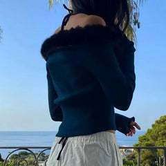 LIZAKOSHT - Autumn Long Sleeve Button Up Cropped Cardigan Women Off Shoulder Fur Collar Patchwork New Fairy Y2k Fashion Knitted Sweater Tops