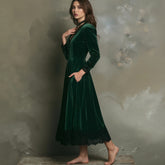 LIZAKOSHT - Elegant Women Velvet Dress Lace Splicing Sexy V Neck Long Sleeve Single Breasted High Waist Pocket A-Line Evening Party Dress