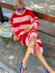 LIZAKOSHT Striped Contrast Color Female Knitted Dress O-neck Long Sleeved Loose Knit Robes New Sweet Casual Streetwear Maxi Dresses