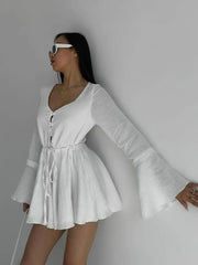 LIZAKOSHT - Autumn New American Cute Drawstring Flared Sleeve V-neck Dress for Women Lace-up Daily Long-sleeved Dress for Age Reduction