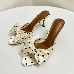 LIZAKOSHT - Summer New Women's Polka Dot Bow Satin Mules - Stiletto High Heel Open Toe Fashion Slippers for Party Evening Dress Shoes