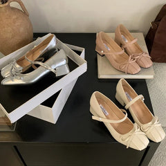LIZAKOSHT  -  Fashion Mary Jane Shoes Women Square Toe Bow Sweet Shallow Dress Shoes Elegant Chunky Ballet Shoes Women Pumps Zapatos Mujer