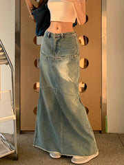 LIZAKOSHT - Denim Womens Long Skirts Vintage England Style High Waist Pencil Skirt Ladies Front Pockets Deisgn A-Line Jeans Skinny Skirt