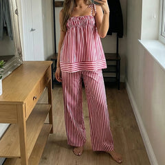 LIZAKOSHT - Women Summer Striped 2 Piece Outfits Casual Sleeveless Tie Strap Babydoll Tank Top Pants Sets Sleepwear Y2K Lounge Matching Suit
