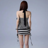 LIZAKOSHT - New Euramerican Fashion High Street Strapless Summer Dress Y2k Constrast Colorstriped Casual Streetwear Drawstring Bodycon Dress
