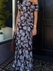 LIZAKOSHT - Women Fashion Irregular Hight Waist Holiday Dress Casual Sleeveless Print Party Dress Elegant Slant Shoulder Draped Long Dress