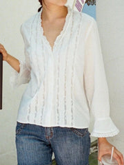 LIZAKOSHT - Lace Patchwork Long Flare Sleeve T-shirt Blouse Woman Autumn V-neck Single Breasted See Through Cotton Shirts White Thin Tees