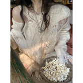 LIZAKOSHT - Y2k Vintage Beige Knit Sweater Women Grunge Harajuku Irregular Off Shoulder Jerseys Hollow Out Hippie Streetwear Jumper