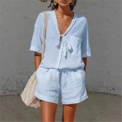 LIZAKOSHT - Women's 2 Piece Beach Shorts Outfits Summer Casual Loose Short Sleeve V Neck Tie Up Tops Wide Leg Shorts Sets Comfy lounge Sets