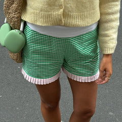 LIZAKOSHT - Y2K Women’s Ruffle Hem Boxer Shorts Cute Elastic High Waist Plaid Print Loose Shorts Summer Going Out Trousers