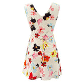 LIZAKOSHT - French style Beige Floral Print V neck Sleeveless Dress Women V Back Lacing Up Bow Waist A-line Short Tank Dresses Summer Robe
