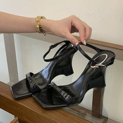 LIZAKOSHT - Summer Fashion Square Toe Buckle Strap Women Slippers Street Style Design Wedges High Heels Party Shoes