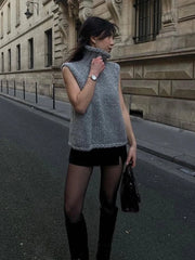 LIZAKOSHT - Knitted Solid Color Sleeveless Women's Vest Casual Loose Turtleneck Pullover New Autumn Fashion Classic Grey Women Sweater