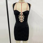 LIZAKOSHT - Hot Girl Sexy Metal Ring Splicing Strap Hollow Sleeveless Backless High Waist Wrap Hips Floral Dress 2025 Party Club Outfit