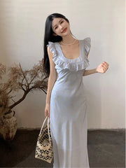 LIZAKOSHT Elegant Floral Sleeveless Long Dress Women Square Collar Ruffles Vocation Beach Slim Dresses Female Summer Vestidos Clothes