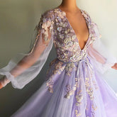 LIZAKOSHT - Flower Prom Dress Appliques Beading V-Neck Long Sleeves Illusion Evening Dresses Lavender Floor Length Robe de soiree
