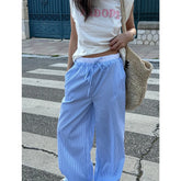 LIZAKOSHT - Striped Pants y2k Clothes Women Casual Patchwork Drawstring Elastic Waist Wide Leg Loose Trousers 2000s Streetwear